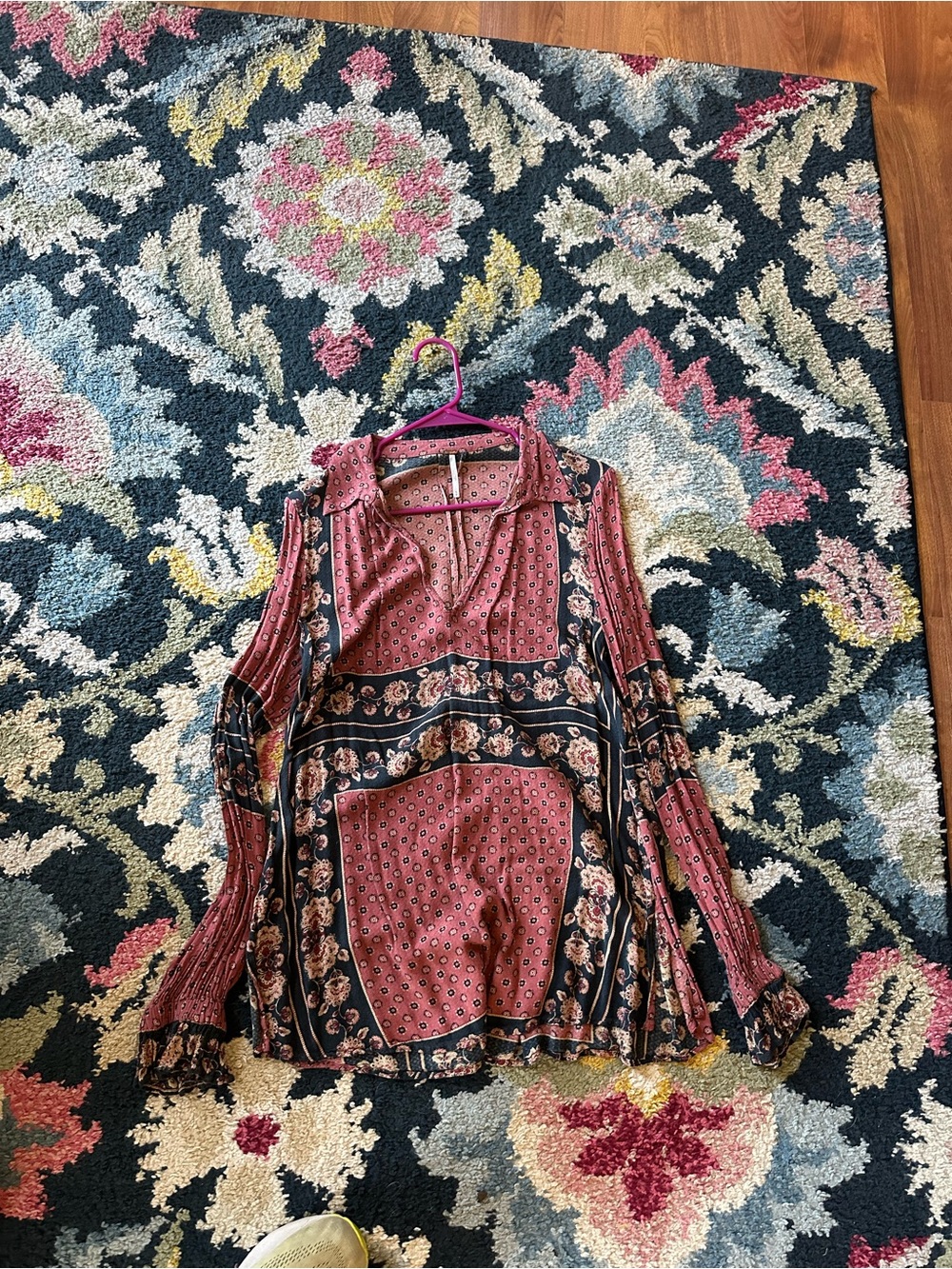 Free People Rust Floral Patchwork V-Neck Blouse